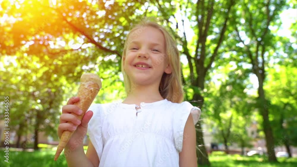 Cute little girl eating ice cream. Happy girl eating ice cream cone smiling while resting in park on summer day, child enjoying ice cream outdoor. Cute little girl eating ice cream. Happy girl eating ice cream cone smiling while resting in park on summer day, child enjoying ice cream outdoor.