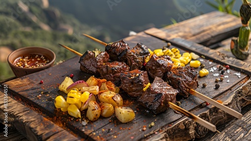 Peruvian anticuchos, grilled beef heart skewers, served with corn and potatoes on a rustic wooden platter with a view of the Andean mountains photo