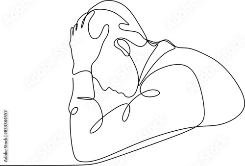 Line drawing of young man depressed, sad emotional turmoil, loss, grief, life problems, confusion, disordered feelings and worry about poor mental health.