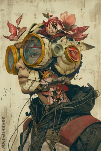 Surreal portrait of a person with a gas mask adorned with flowers and mechanical elements, blending nature with technology photo