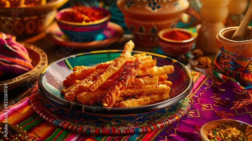 Peruvian yuquitas fritas, fried cassava sticks, served with a spicy huancaina sauce, on a colorful table setting with Andean textiles and pottery photo