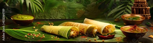 Pesarattu, green gram dosa served with ginger chutney, on a banana leaf with a South Indian temple background photo