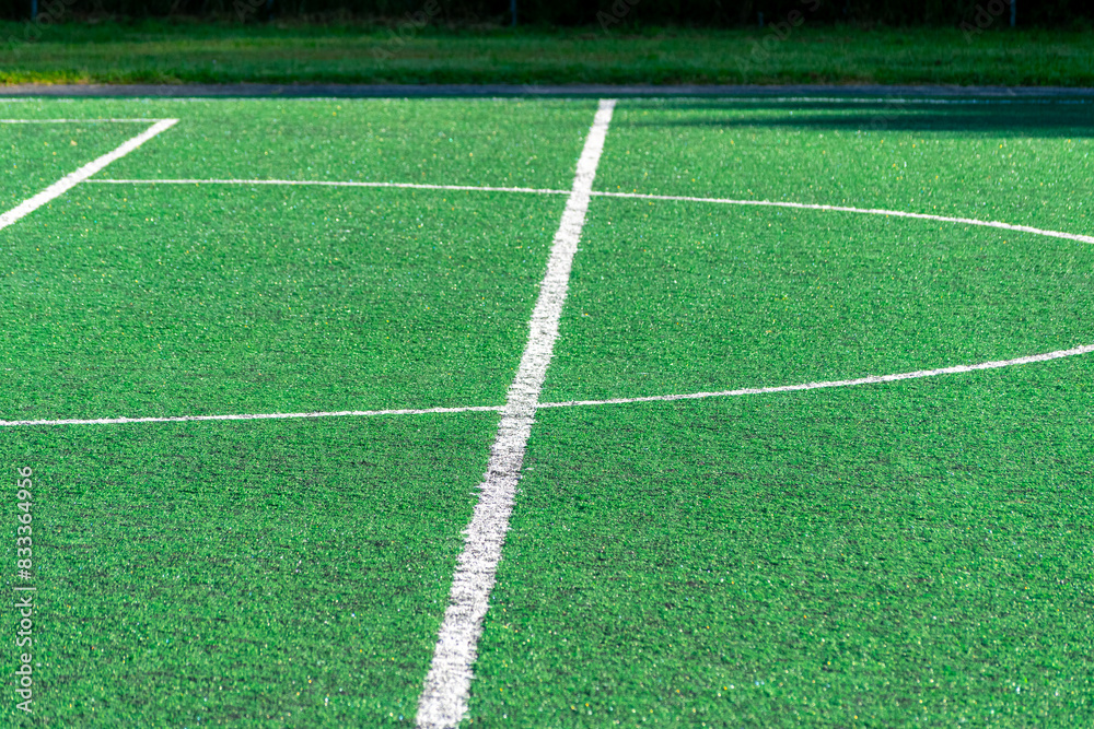 Obraz premium detail of the center line in a synthetic grass surface of a football field