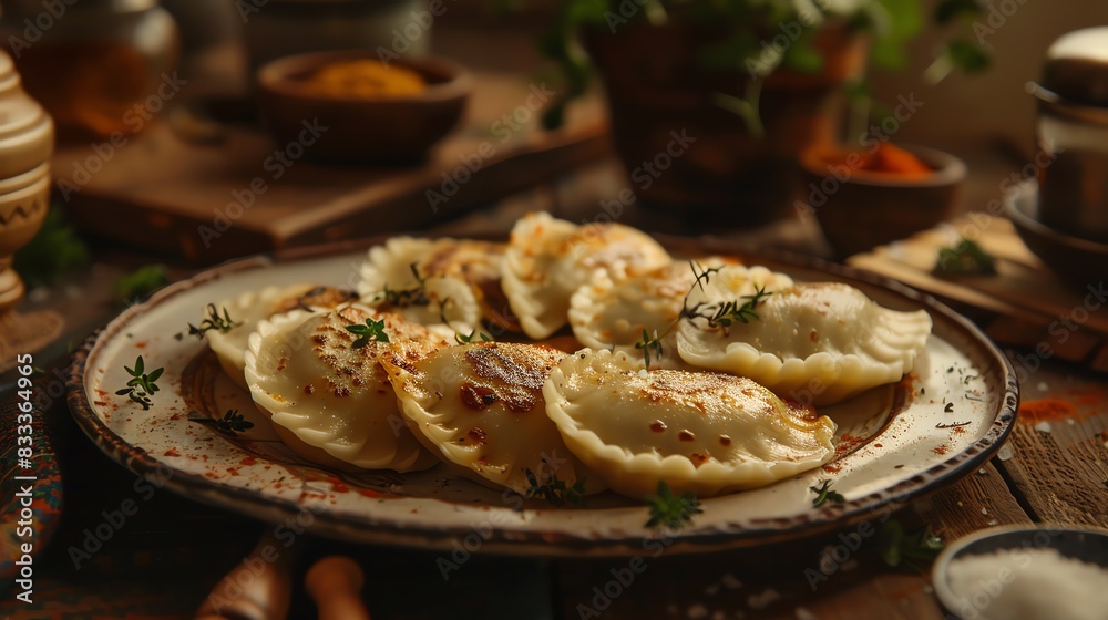 Polish pierogi, dumplings filled with potatoes and cheese, served on a rustic plate with a cozy Polish kitchen scene Polish pierogi, dumplings filled with potatoes and cheese, served on a rustic plate with a cozy Polish kitchen scene