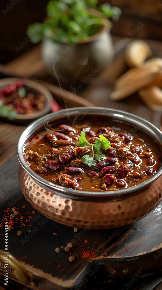 Rajma, kidney bean curry, served in a traditional copper bowl with a cozy Indian home setting Rajma, kidney bean curry, served in a traditional copper bowl with a cozy Indian home setting