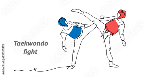 Taekwondo vector background, banner, poster. One continuous line art drawing illustration of taekwondo sport