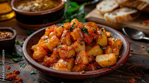 Spanish patatas bravas, fried potatoes with spicy tomato sauce, served on a rustic plate with a lively Spanish tapas bar background