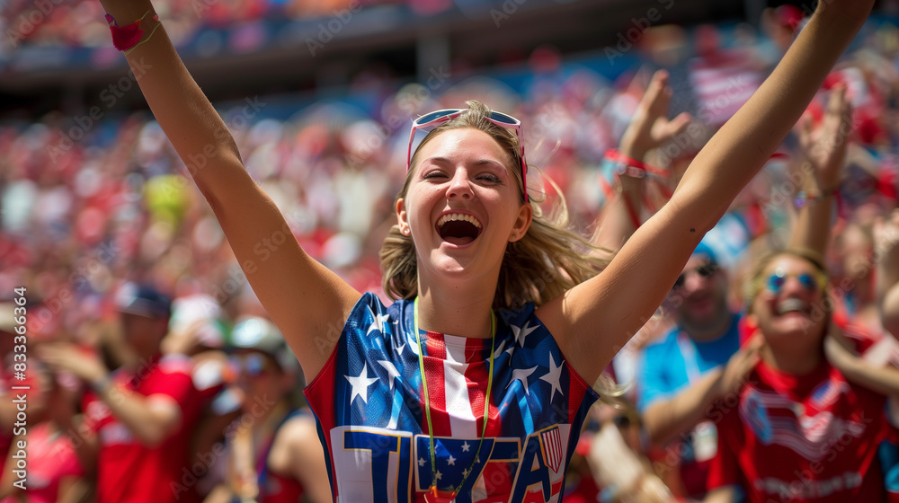 Excited joyful American sports fans cheering at the stadium, vibrant crowd during an afternoon match, emotional support for their team from the country of the USA, America Excited joyful American sports fans cheering at the stadium, vibrant crowd during an afternoon match, emotional support for their team from the country of the USA, America
