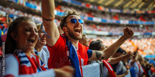 Fototapeta Naklejka Na Ścianę i Meble -  Excited joyful English sports fans cheering at the stadium, vibrant crowd during an afternoon match, emotional support for their team from the country of Great Britain