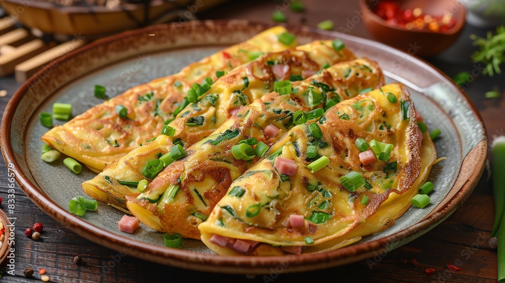 Taiwanese egg pancakes, filled with scallions and ham, served on a rustic plate with a bustling breakfast market backdrop Taiwanese egg pancakes, filled with scallions and ham, served on a rustic plate with a bustling breakfast market backdrop