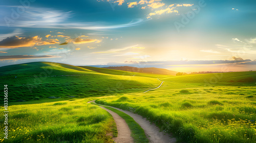 Picturesque winding path through a green grass field in hilly area in morning at dawn against blue sky with clouds. Natural panoramic spring summer landscape. © john