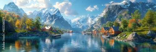 this panorama image conveys the beauty of nature and the simple, tranquil lifestyle of the fishing village amidst towering mountains and a pristine lake.