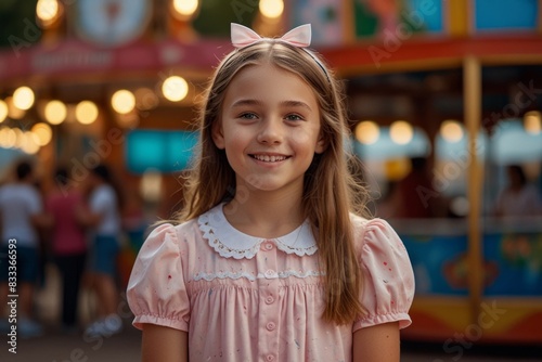 Smiling Girl portrait with pink lollipop at an Amusement Park Near a Merry-Go-Round Generative AI photo