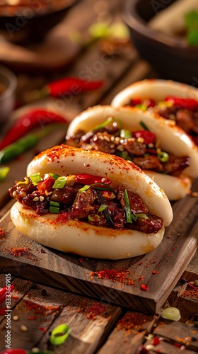 Taiwanese pepper buns, filled with spiced pork and scallions, served on a wooden board with a vibrant night market scene