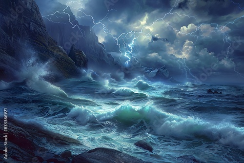 A dramatic summer stormy sea with crashing waves and lightning illuminating the sky  set against a backdrop of rugged cliffs.