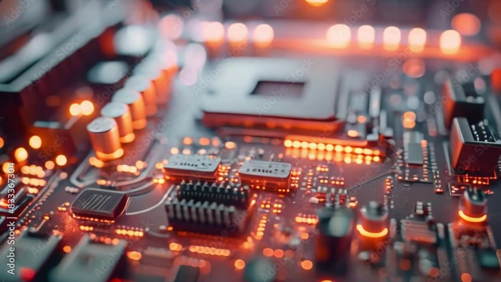 This Detailed close-up view of a computer motherboard with various components and circuits visible. This Detailed close-up view of a computer motherboard with various components and circuits visible.
