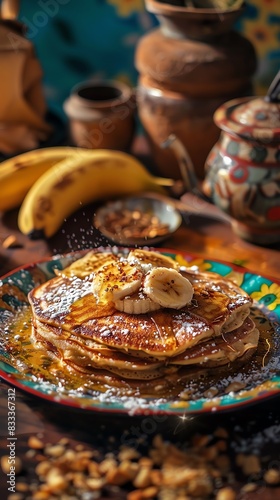 Thai banana pancakes drizzled with condensed milk, served on a colorful plate with a bustling night market scene