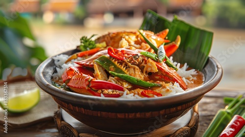 Thai crab curry, served in a traditional bowl with steamed jasmine rice and a background of a coastal Thai village