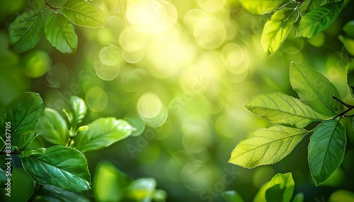 Defocused background with fresh lush foliage and bokeh in nature, beautiful natural spring summer. Serene garden atmosphere, Tranquil forest setting, Outdoor scenery ambiance.