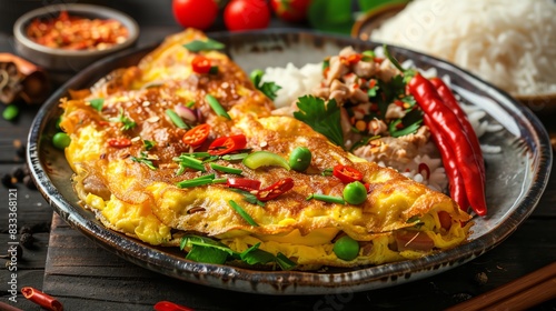 Thai stuffed omelette Khai Yat Sai with pork and vegetables, served on a ceramic plate with jasmine rice and a busy street food background