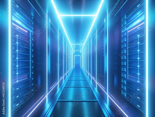 A futuristic data center hallway illuminated by blue neon lights, with server racks lining both sides