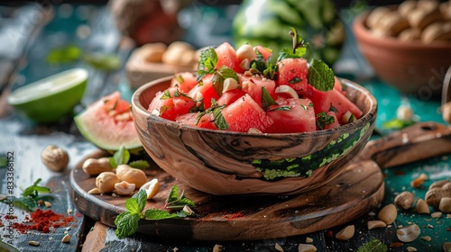 Thai watermelon salad with mint and peanuts, served on a rustic wooden board with a vibrant market backdrop