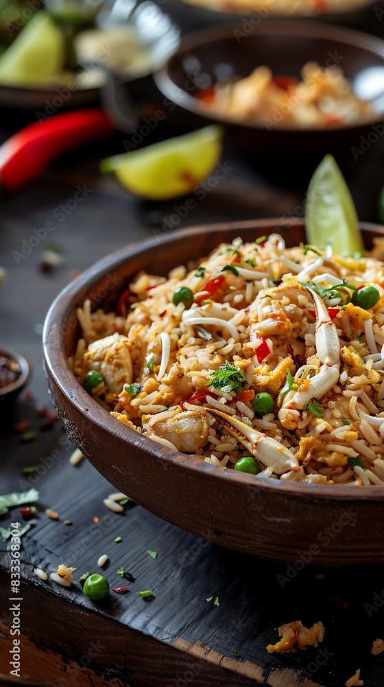 Thaistyle crab fried rice, served in a traditional bowl with lime wedges and a bustling Bangkok street food scene Thaistyle crab fried rice, served in a traditional bowl with lime wedges and a bustling Bangkok street food scene