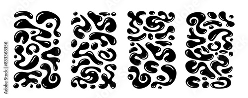 Liquid abstract organic blob shapes. Vector flat illustrations set. Black wavy bubbles and drops in trendy y2k style.