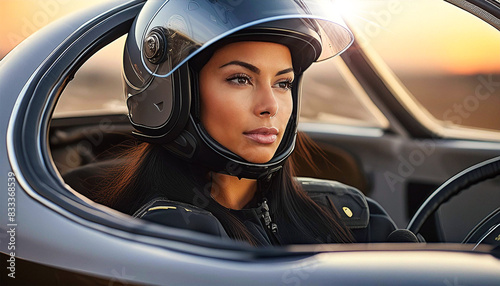 Closeup and portrait of a beautiful young female race car driver, with crash helmet sitting in a racing car looking away. Generative Ai. photo