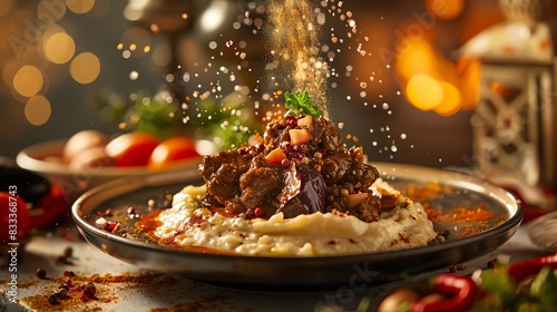 Turkish hunkar begendi with creamy eggplant puree and lamb stew, served on a traditional Turkish plate with a vibrant Istanbul market scene