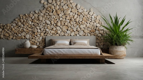 a bedroom with a large bed made of wood with white bedding,  a clean and modern composition with organic elements, using a neutral color palette and featuring natural textures like stone, wood, 