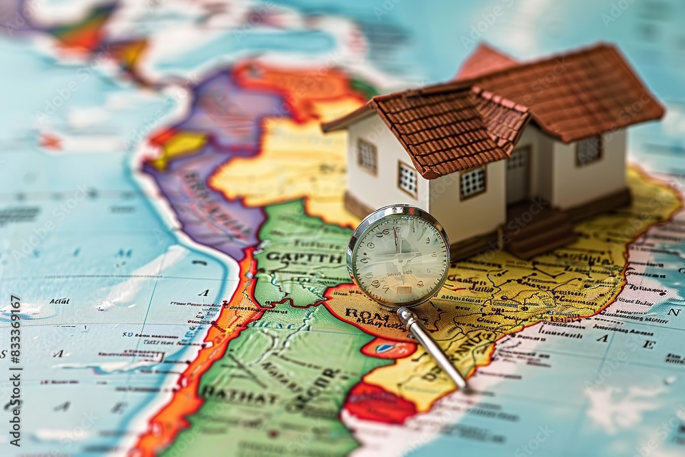 The map of Brazil shows a house and a loupe in au tones. Generative Ai