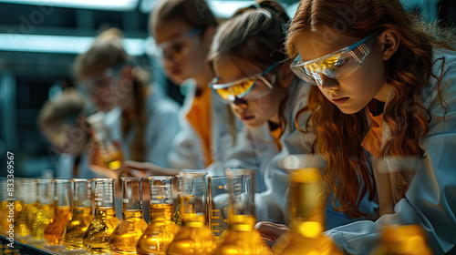 Wallpaper Mural Group of school children conducting an experiment with test tubes and beakers in a bright, modern science lab Torontodigital.ca