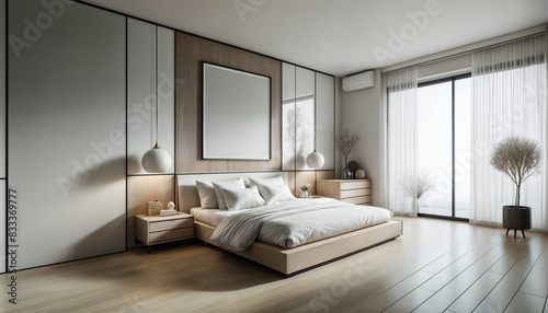 Obraz na płótnie Una camera da letto matrimoniale minimalista con un'atmosfera serena w salonie