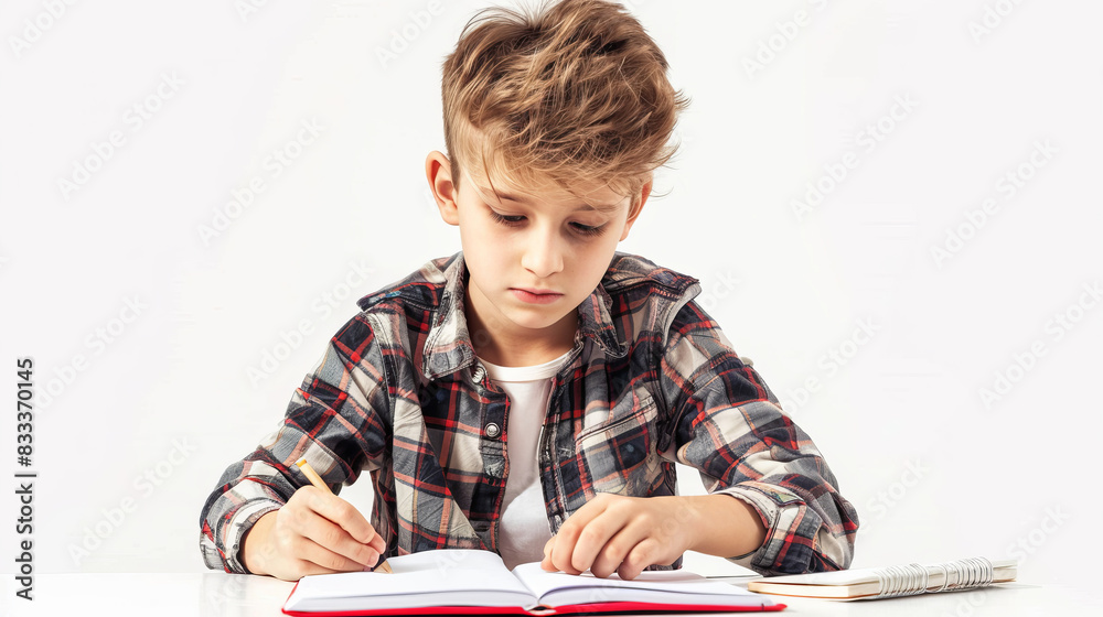 Young boy focusing on studying with notebook and pencil Young boy focusing on studying with notebook and pencil