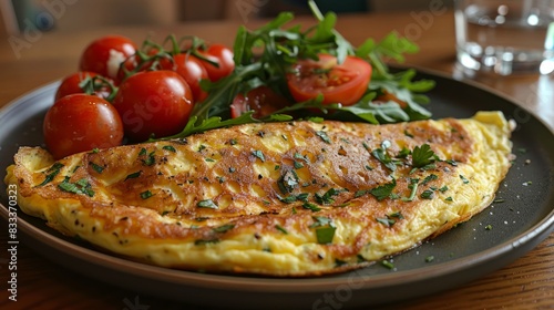 A delicious and nutritious breakfast of an omelet with fresh tomatoes and greens.