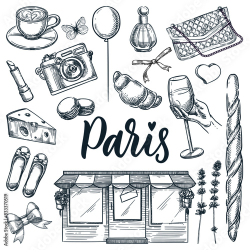 Paris symbols and design elements isolated on white background. Vector hand drawn sketch illustrations and calligraphy lettering. French fashion and food doodle icons set
