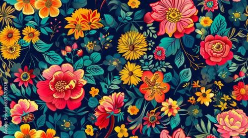 Seamless colorful floral pattern with vibrant blossoms and foliage