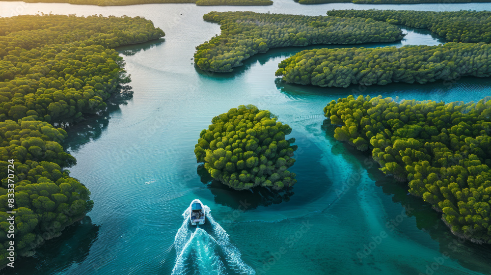 Aerial view of boat navigating through lush mangroves in Saudi Arabia Aerial view of boat navigating through lush mangroves in Saudi Arabia
