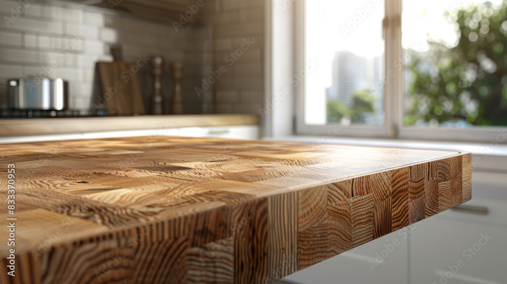 Close-up of a wooden kitchen countertop in a bright modern kitchen