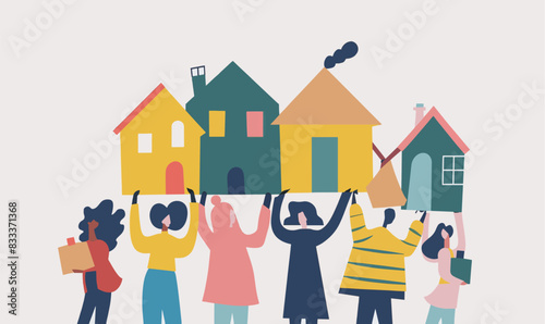 Housing concept with people holding house. Moving house and property investment