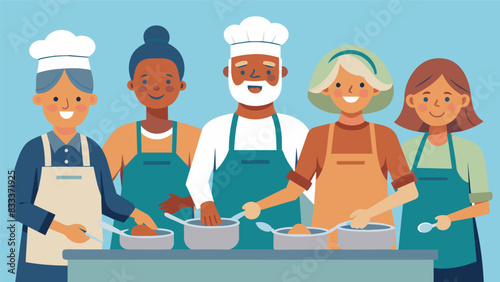 A group of middleaged friends donning aprons and hairnets as they volunteer at a soup kitchen each with a specific task to complete.. Vector illustration