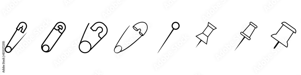Pin icon vector set. Barrette illustration sign collection. Safety Pin symbol or logo. Pin icon vector set. Barrette illustration sign collection. Safety Pin symbol or logo.