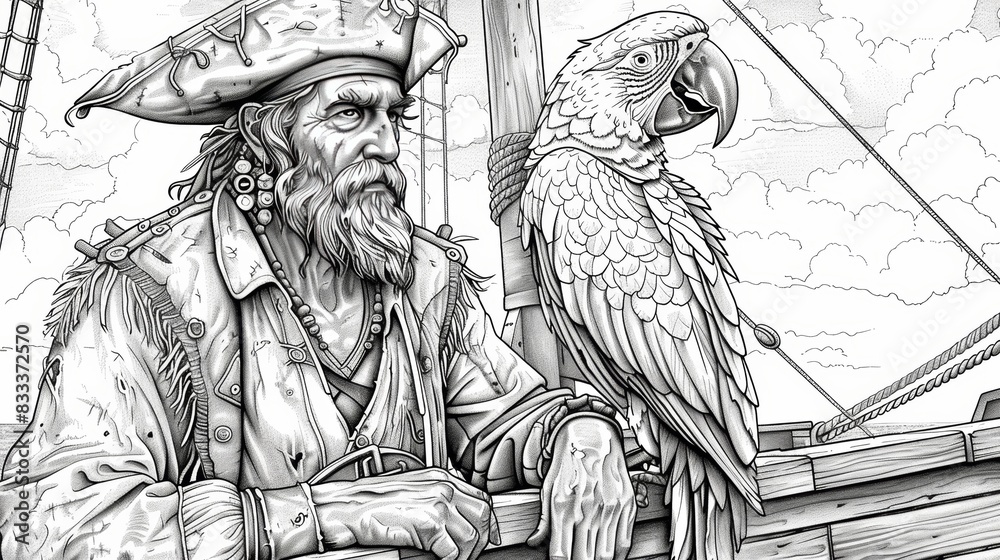 Fototapeta premium A detailed coloring page of a pirate captain with a wooden leg and a parrot on his shoulder, standing on the deck of his ship.