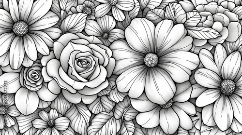 A floral coloring book page with a detailed pattern of roses  daisies  and other garden flowers  offering a calming and creative activity.