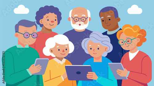 In a retirement home a group of seniors gather around a tablet to play interactive brain games and stay mentally sharp.. Vector illustration