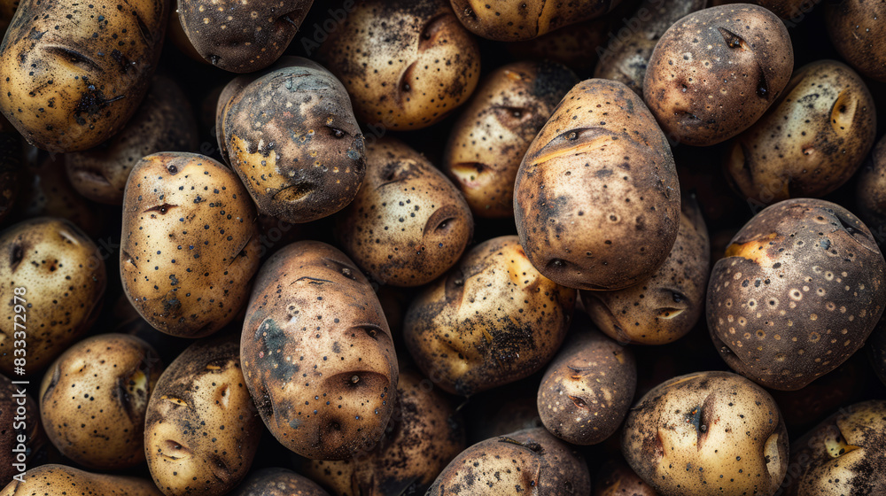 Top down view of freshly dug organic potatoes with soil Top down view of freshly dug organic potatoes with soil