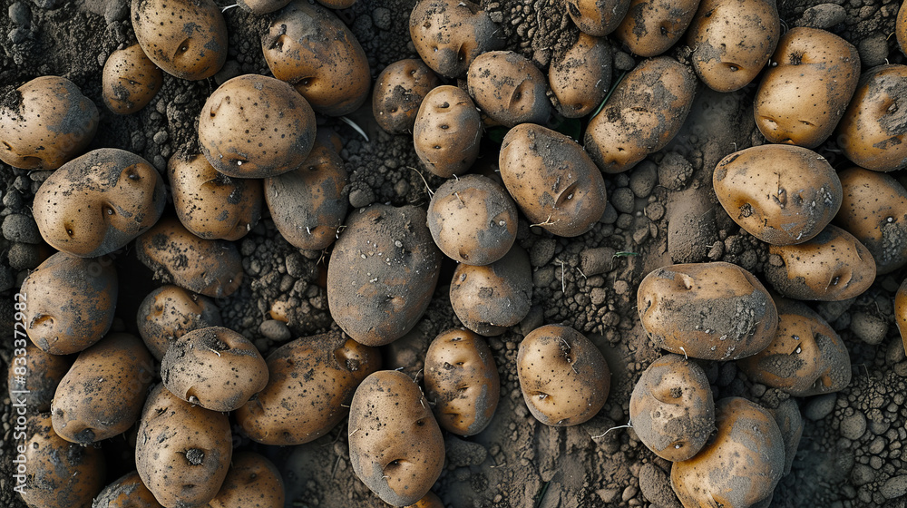 Top down view of freshly dug organic potatoes in soil Top down view of freshly dug organic potatoes in soil