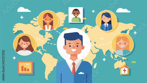 The map is surrounded by photographs of smiling faces representing the missionaries from the church who are spreading faith and love to distant. Vector illustration