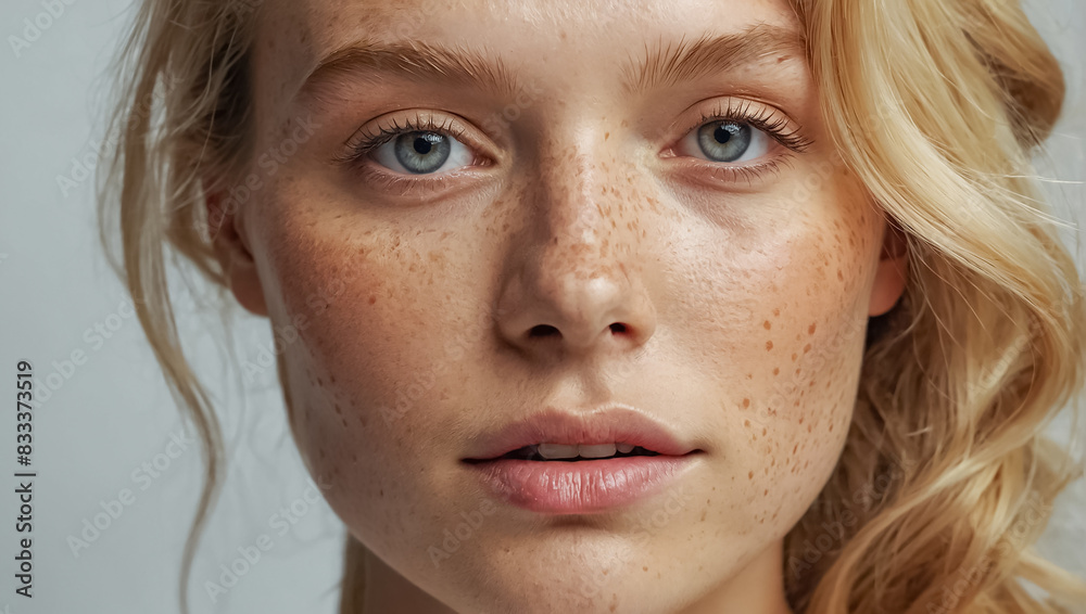 Close-up of a beautiful girl with freckles on her face Close-up of a beautiful girl with freckles on her face